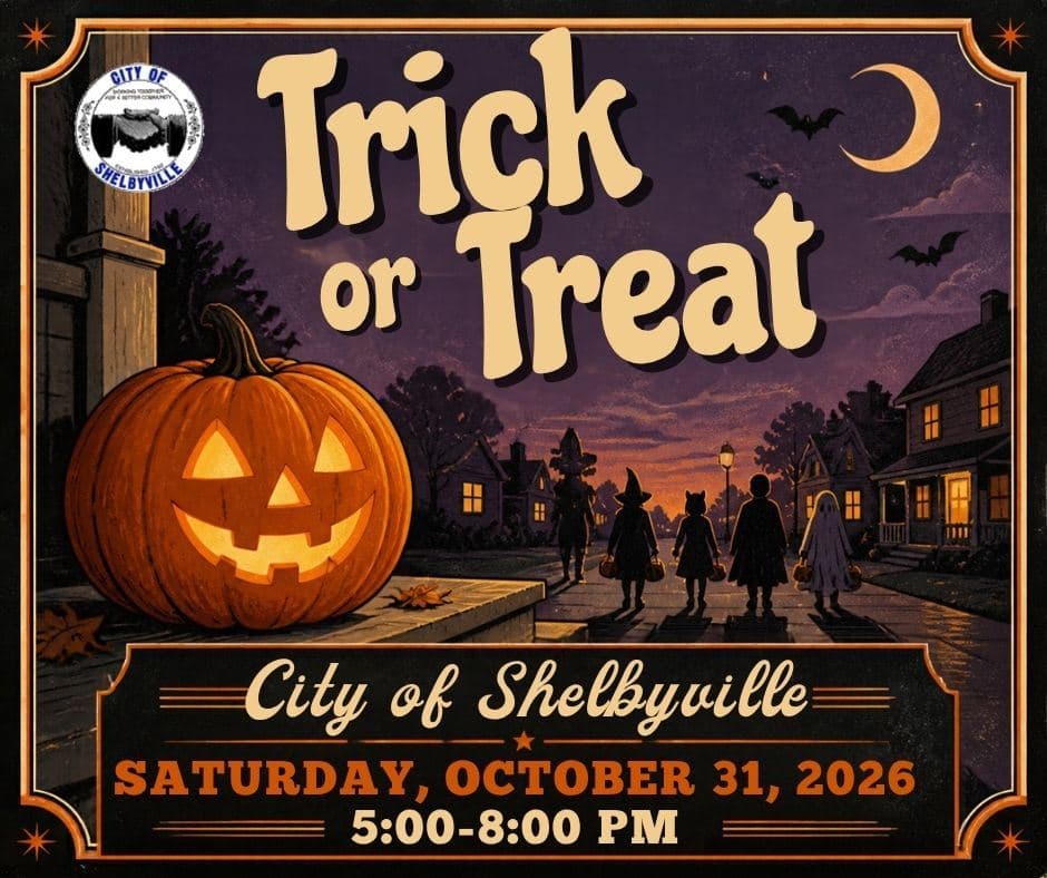 City of Shelbyville flyer announcing trick-or-treating on October 31, 2026, from 5 to 8 p.m.