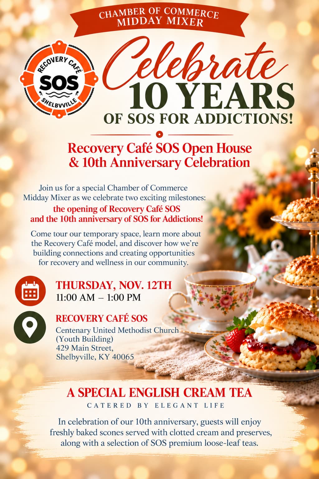 Recovery Cafe SOS flyer for its November 12 midday mixer and tenth-anniversary gathering.