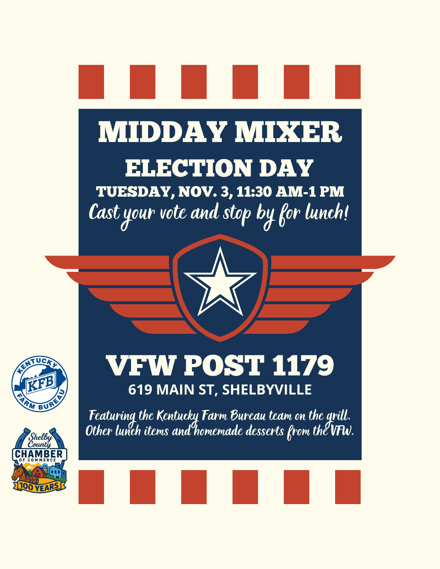 Chamber flyer for the November 3 Election Day Midday Mixer at VFW Shelby.