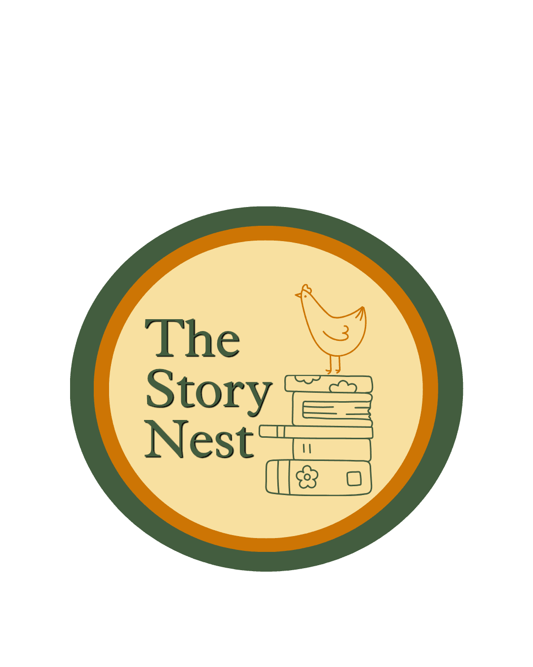 The Story Nest logo featuring a chicken reading in a nest.
