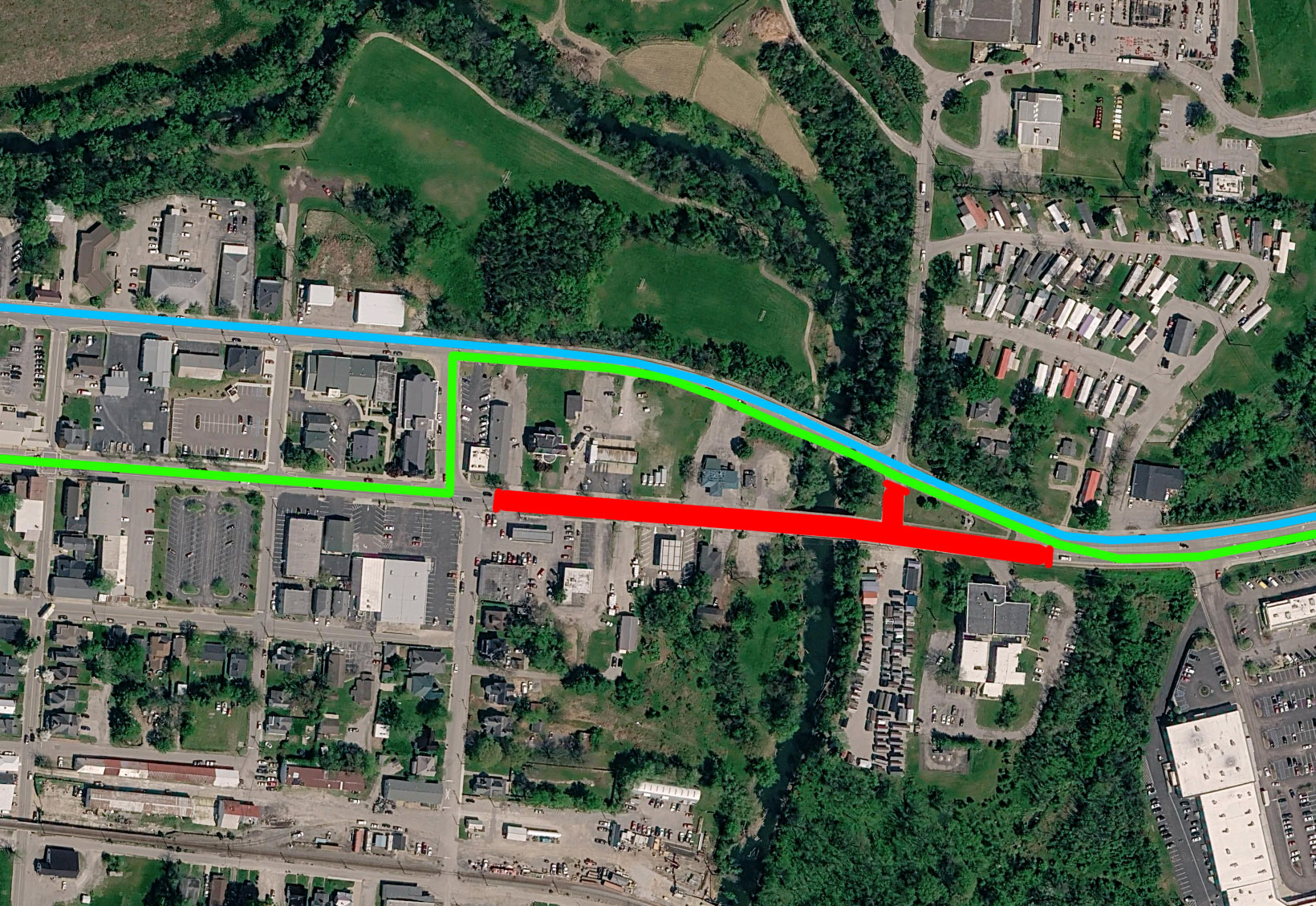 Aerial map of the Main Street bridge closure and marked routes in Shelbyville.