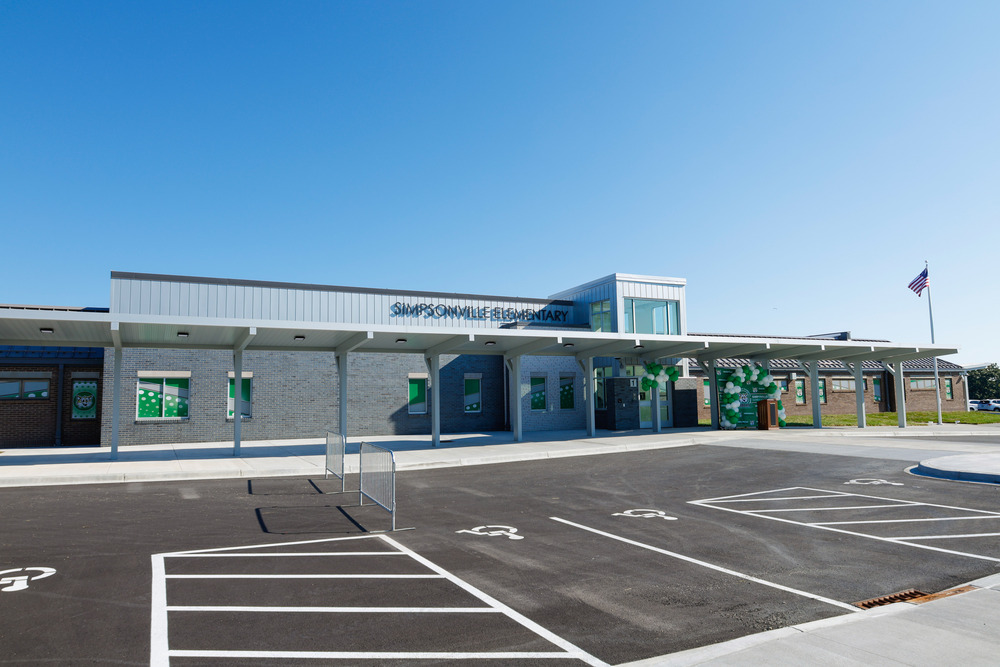 The renovated front entrance of Simpsonville Elementary School.