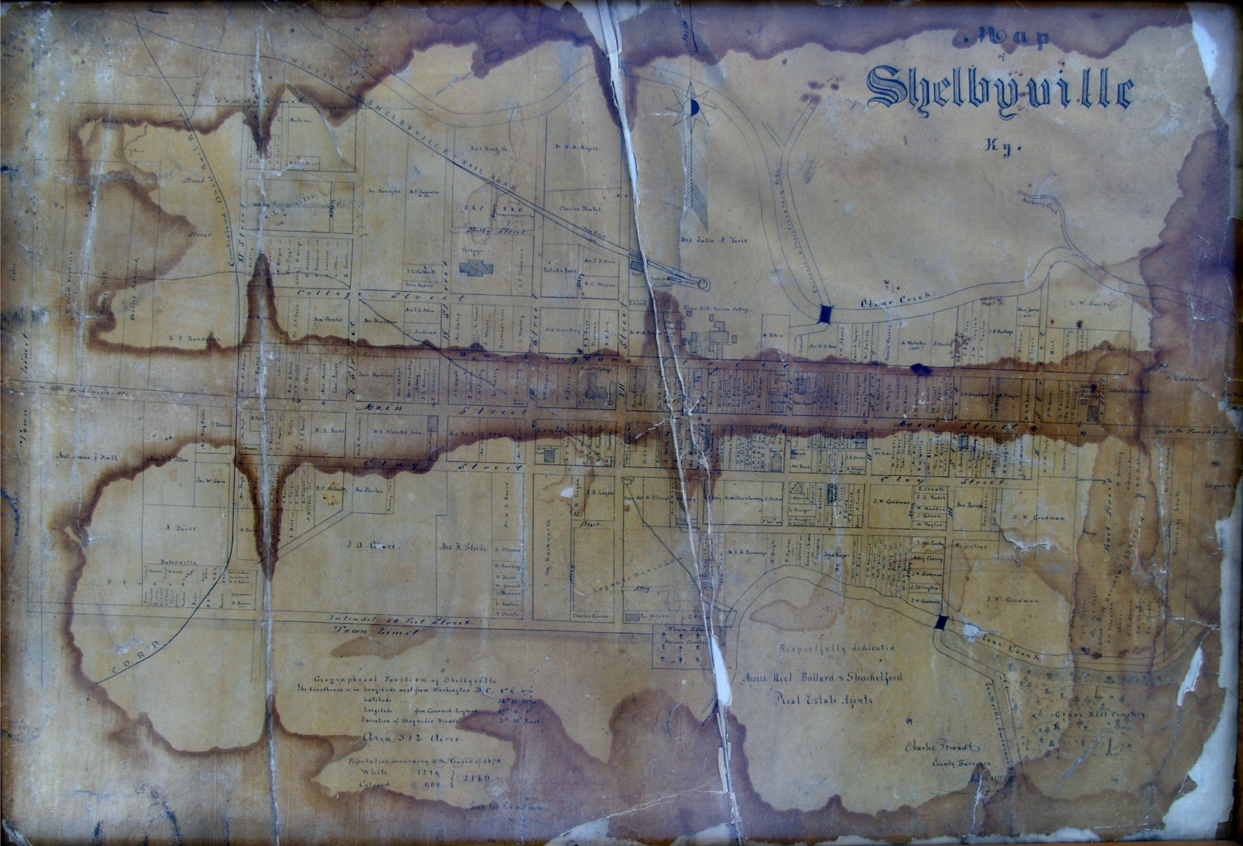 An 1875 hand-drawn map of Shelbyville, preserved in the Historical Society’s document collection.