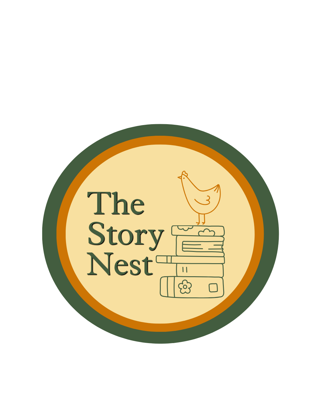 The Story Nest logo with a chicken standing on a stack of books inside a green and gold circle.
